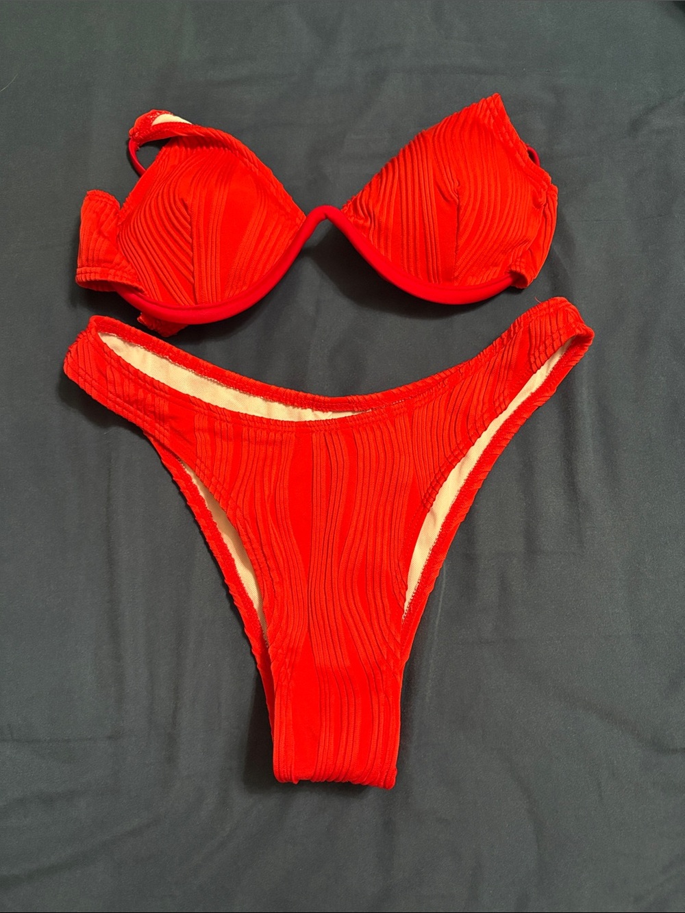 Red Textured Bikini Set - Women Swim